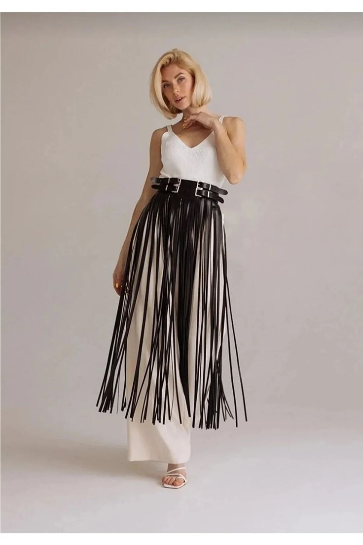 Women's Adjustable Tasseled Black Leather Skirt, Handmade Tasseled Leather Skirt in 2023
